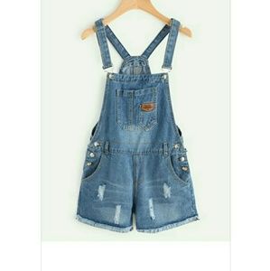 Distressed Raw Hem Denim Overall Romper